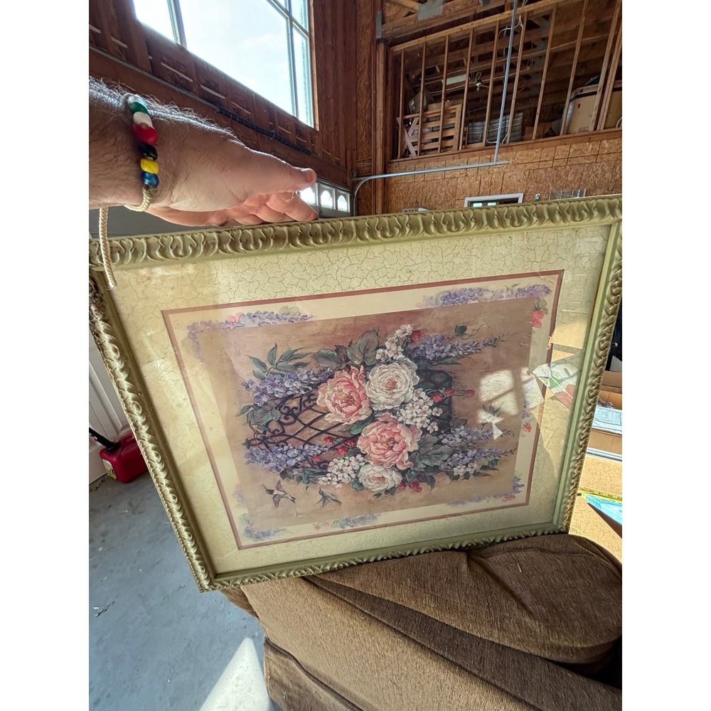 Vintage Home Interior Gold Frame Picture Flowers Floral Large With Glass 22x26